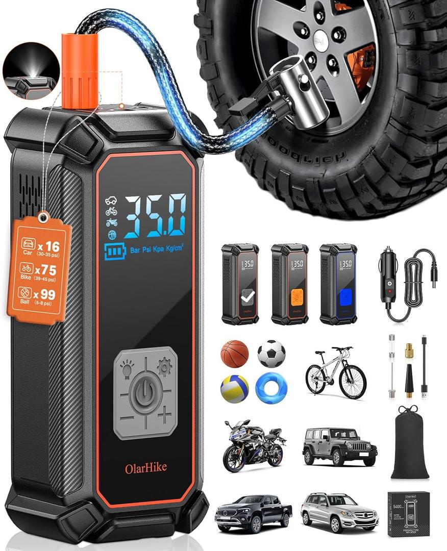 OlarHike Cordless Tire Inflator Portable Air Compressor, 150PSI Dual Power - 5400mAh & 12V DC, Air Pump for Car Tires, Bike, Motorcycle, Bicycle, Electric Pump with LED Light & Digital Pressure Gauge