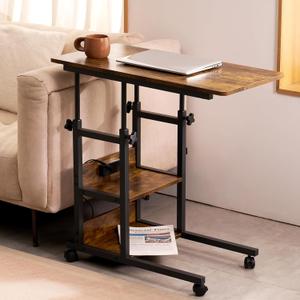 C Shaped End Table Height Adjustable - Couch Side Table with Charging Station, TV Tray with Wheels Slide Under Sofa for Small Spaces, Living Room Bedroom, Rustic Brown