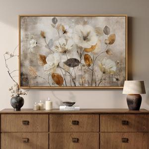 Framed Vintage Neutral Floral Wall Art for Living Room, Brown Botanical Flower Aesthetic Canvas Artwork for Walls, Farmhouse Rustic Painting Print for Bedroom Dining Room Hallway Wall Decor, 36 x 24 In