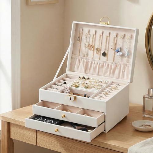 3 Layer Jewelry Box, Jewelry Holder Organizer with Jewelry Organizer Drawer, Large Jewelry Boxes & Organizer with Velvet Earring Organizer, Lockable Jewelry Holder, Unique Gifts for Women Mom (White)