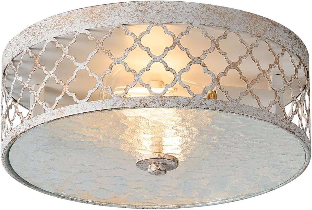 Flush Mount Ceiling Light, 12-inch Ceiling Light Fixtures Metal Cage Drum Shade, 2-Light Kitchen Light Fixtures, Rustic Antique White Style Ceiling Light, MX100029