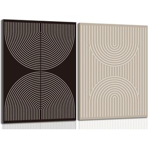 Modern Abstract Line Wall Art Set of 2, Mid Century Black and Beige Wall Decor, Minimalist Boho Poster Canvas Prints Aesthetic Picture for Bedroom Living Room 16x24 inch Framed (Canvas Wrapped Wood 16x24 Inches, Black Beige)