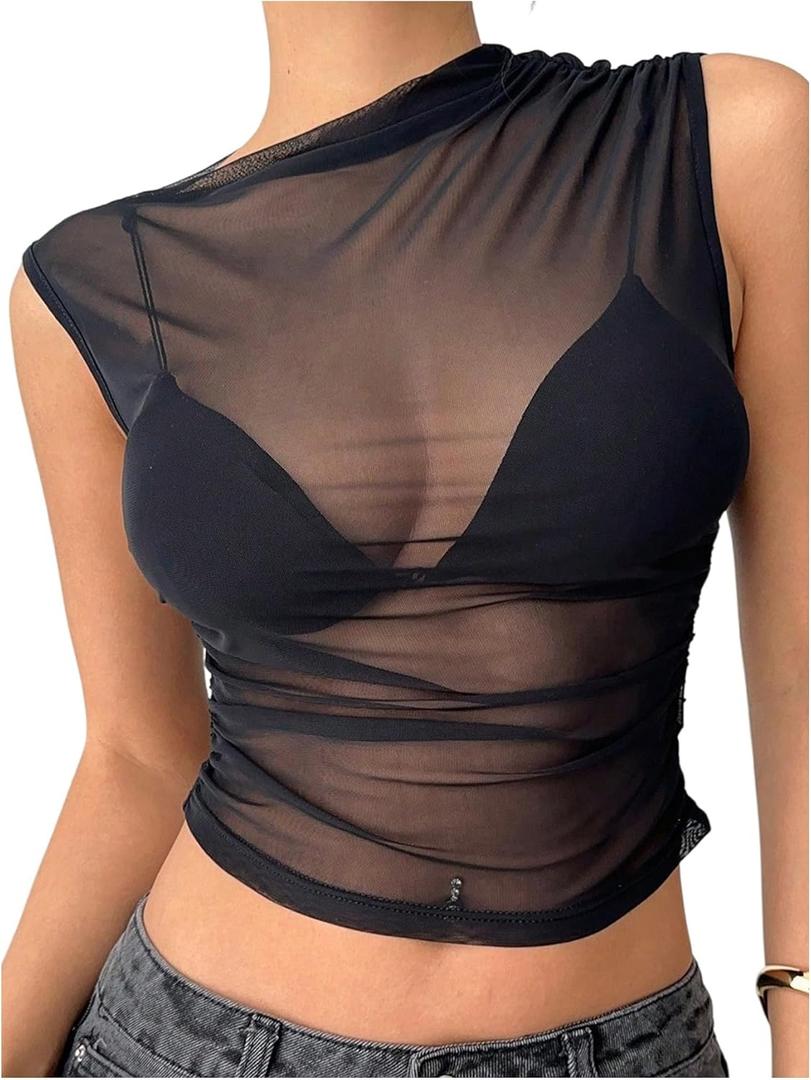 Milumia Women's Sheer Mesh Top Ruched See Through Tank Crop Top Rave Outfits (S, Black)