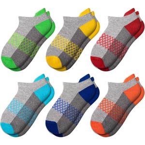 Comfoex Boys Socks 6 Pairs Ankle Athletic Sock Half Cushioned Low Cut Socks For Little Big Kids (4-7 Years)