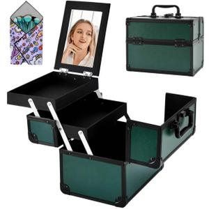 Makeup Train Case, Portable Makeup Case with Mirror, 2-Trays Cosmetic Organizer Case,Nail Polish Organizer, Travel Makeup Box, Profesional for Salon Barber, Green