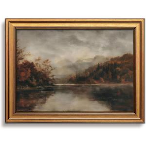 Vintage Landscape Wall Art Gold Framed Fall Lake Pictures Decor 16x24 Inch