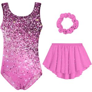 Idgreatim Girls Gymnastic Leotard Ballet Dance Dress Outfit with Removable Skirt Hair Scrunchie Combo 4-11 Years (7-8 Years, Diamond Pink)