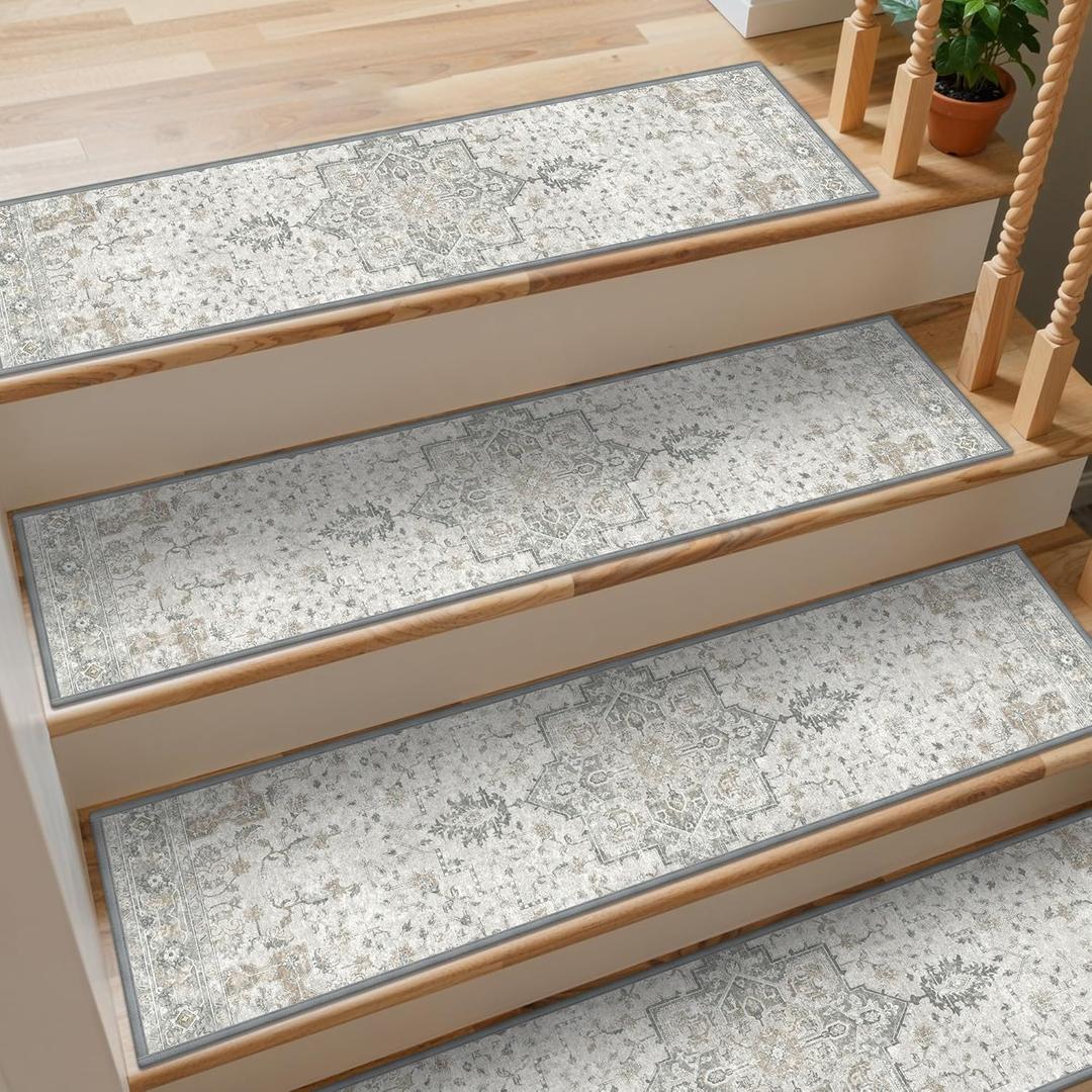 Non Slip Stair Treads for Wooden Steps 15PCS  9"x36" Upgraded Wide-Long Indoor Safety Carpet, Upgraded Edging Mats with TPE Adhesive Backing, Pet and Elderly Friendly Stair Rugs (Taupe)