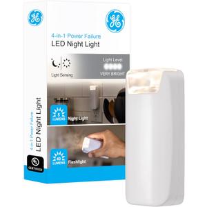 GE 4-in-1 Power Outage Plug in Night Light LED Flashlight for Dorm Room, Apartment Essentials, Battery Operated Lights Emergency Supplies, Dusk to Dawn Sensor Nightlight, 1 Pack, White, 37373