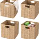 13" x 13" x 13" Wicker Storage Basket,Woven Paper Rope Wicker Baskets,Set of 4 Collapsible Square Organizers,Foldable Cube Storage Bins