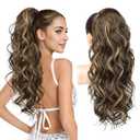 REECHO 24" Ponytail Extension Long Curly Claw Clip Ponytail Extension Jaw Clip in Pony Tails Natural Synthetic Hairpiece for Women Daily, Chocolate Brown with Highlights