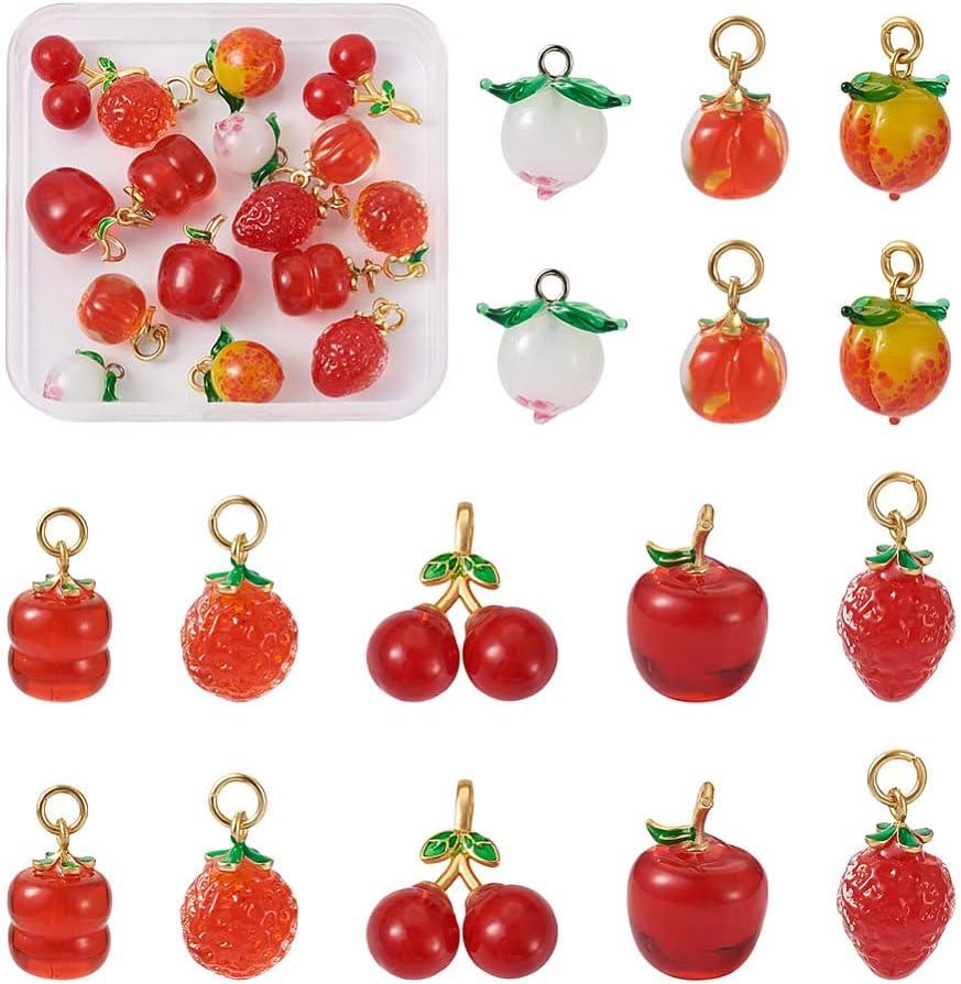 Cheriswelry 16pcs Peach Cherry Apple Tomato Lampwork Glass Pendants Handmade Fruit Dangle Charms Imitation Food Cute Pendants Hang Ornament 14.5~20mm for DIY Earring Jewelry Making (Red-8 Style)