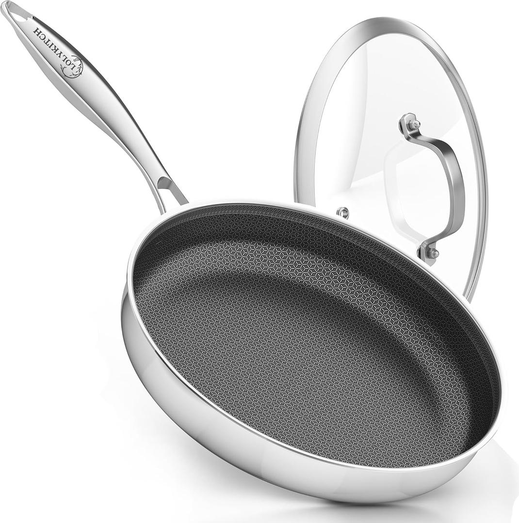 LOLYKITCH 10 In Hybrid Nonstick Stainless Steel Sauté Pan with Lid,Deep Frying Pan,Skillet,Induction Pan,Heavy Duty and Oven Safe,Detachable Handle.