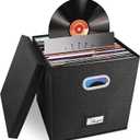 Vinyl Record Storage Box for 50+ Single LPs (12-Inch), Stackable Albums Linen Crate with Lid, Collapsible Play Music Collection Holder, Document File Folder Cabinet Organizer Case with Handle (1pack, Black)