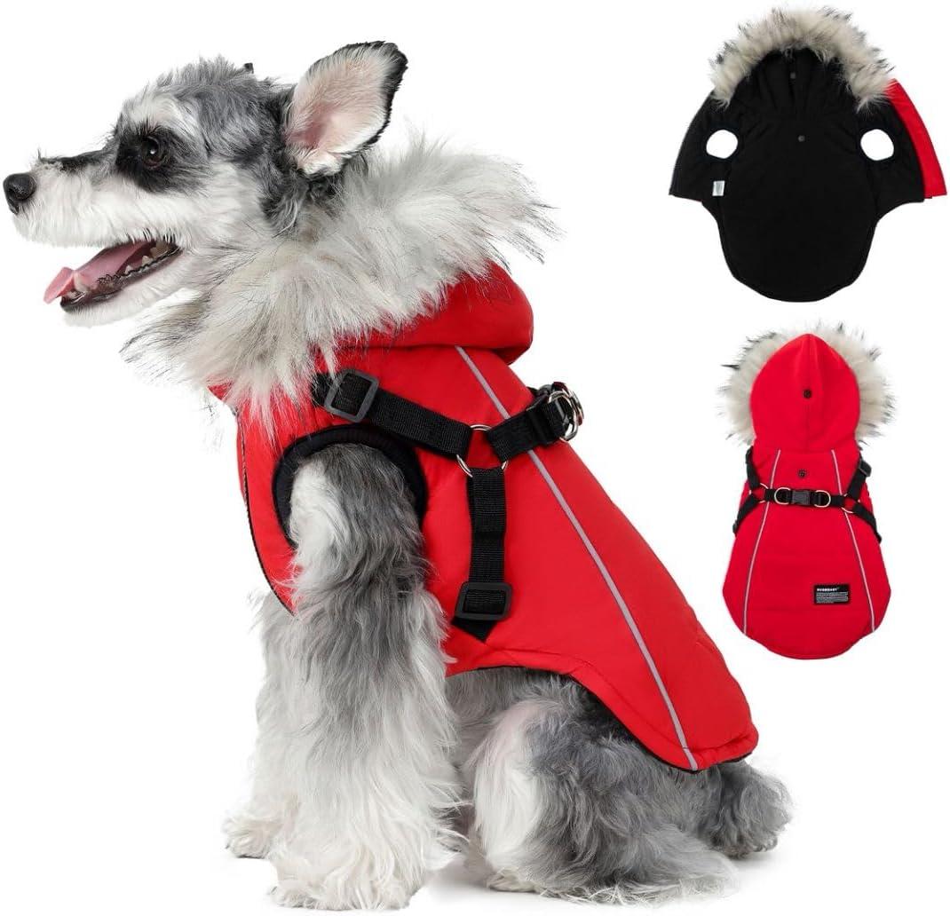 PINA Dog Coat with Built in Harness, Dog Jacket with Faux Fur Hood, Dogs Vest with Reflective Strap for Small Medium Large Dogs, Red, S (S(chest:15.7in, 3.3-5.5lb))
