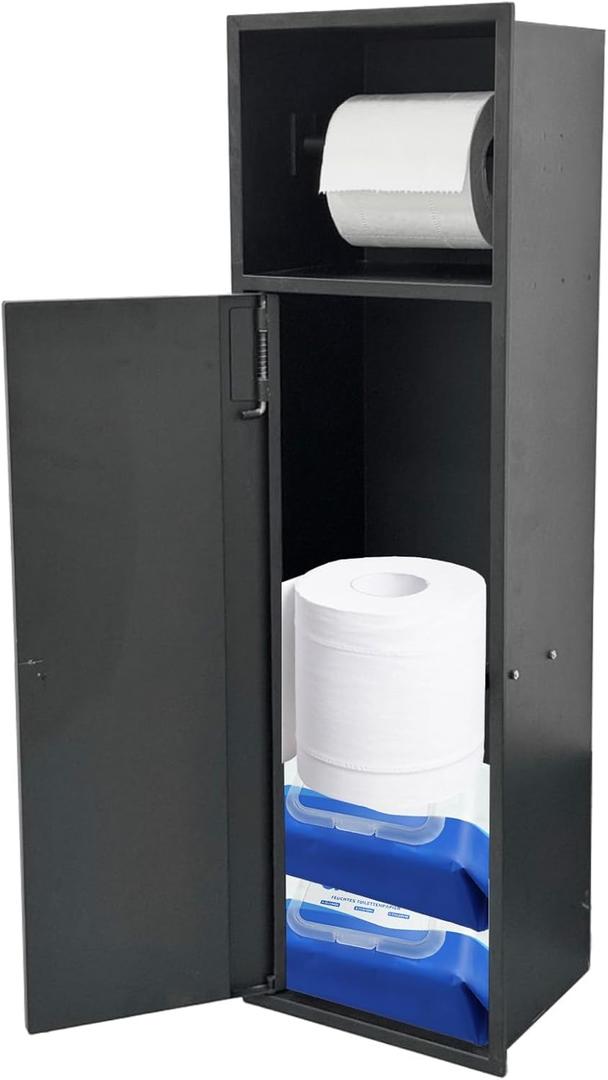 Recessed Toilet Paper Holder, Over-Mounted Toilet Roll Holder- 304 Stainless Steel in-Wall Bathroom Tissue Storage, Matte Black Wall-Mounted No Drilling Design for Bathroom/Kitchen/RV