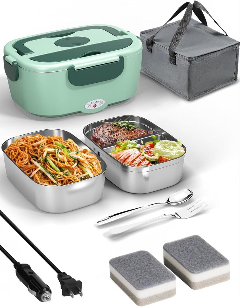 Heated Lunch Box for Men&Women - 80W Electric Lunch Box for Adults with Dual 1.5L 304 Stainless Steel Containers Fast Heating Portable Food Warmer for Car&Truck lonchera elctrica porttil (Light Green)