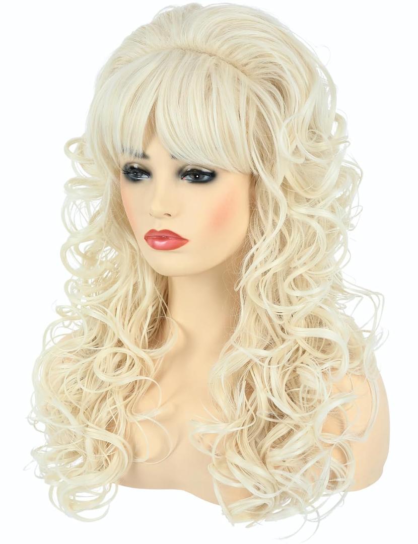 80s Long Blonde Curly Wig - Perfect for Womens 60s 70s Disco Party or Halloween Costume - Long Blond Wavy Wigs with Bangs for Women Drag Queens Cosplay (Blonde)