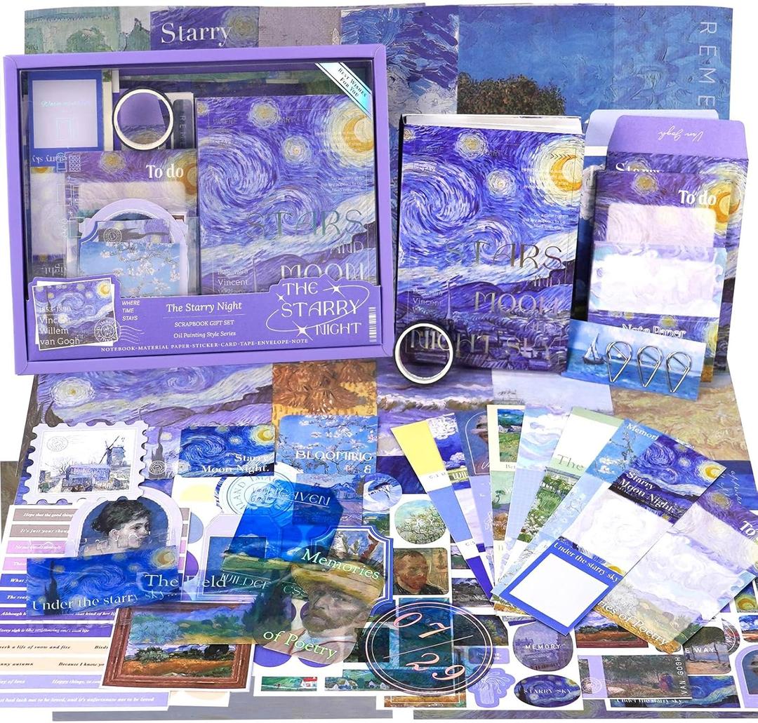 Funto Scrapbooking Kit(116 PCS), Oil Painting Series-The Starry Night, Perfect for Bullet Scrapbooking Materials, Planner DIY Arts Craft Collage