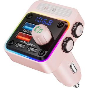 Nulaxy 54W Bluetooth 5.3 Car Adapter with 4 Charging Ports [PD 36W & QC3.0 18W], Wireless Radio FM Transmitter with Deep Bass Player & 5 Colors LED Backlit, Hands-Free Calling - Pink