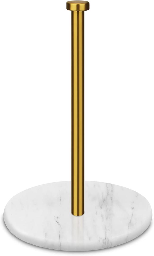 Paper Towel Holder Countertop with 7" Weighted White Marble Base - Modern Free Standing Paper Roll Holder, Brushed Gold Stainless Steel Stand Paper Towel Holder for Kitchen and Bathroom
