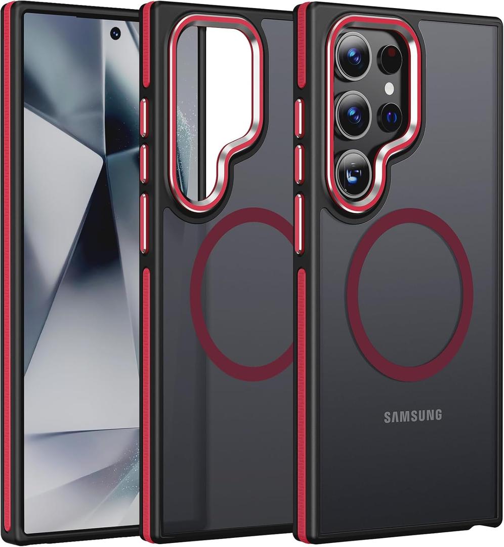 JAME for Samsung Galaxy S24 Ultra Case, [Compatible with Magsafe] [Military Grade Protection] [Anty-Slip Grip] Gorgeous Protective Camera Bezel Galaxy S24 Ultra Magnetic Translucent Matte Case, Red