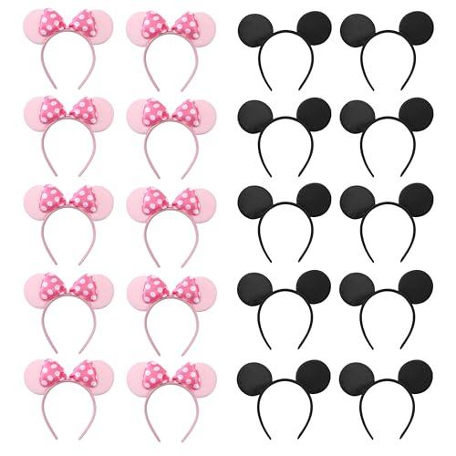 NEWTGAN 20 PCS Mouse Ears Headbands for Birthday Party Theme Park Costume Play Celebration for Boys and Girls (black,pink) (pink black)