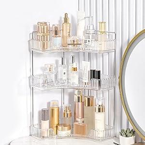 Bathroom Organizer Countertop, Vanity Trays for Bathroom, Skincare Makeup Organizer Shelf, Vanity Organizer, Bathroom Counter Shelf for Cosmetics, Toiletries, Lotions, Perfumes (3 Tiers, Clear)