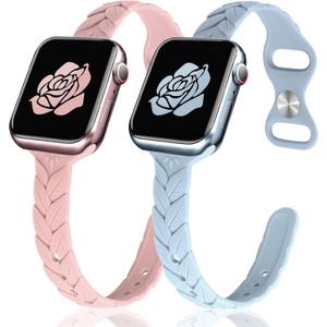 JR.DM 2 Pack Engraved Silicone-Bands Compatible with Apple Watch Band 38mm 40mm 41mm 42mm 44mm 45mm 46mm 49mm, Slim Feminine Fashion Leaf Waterproof Strap,For iWatch Series 11 10 9 8 7 6 5 4 3 2 1 Women (A 2Pcs Sand Pink/Fog Blue)