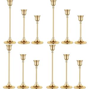 Vintage Gold Brass Taper Candle Holders for Candlesticks, Fireplace & Party 4sets (12pcs) Gold