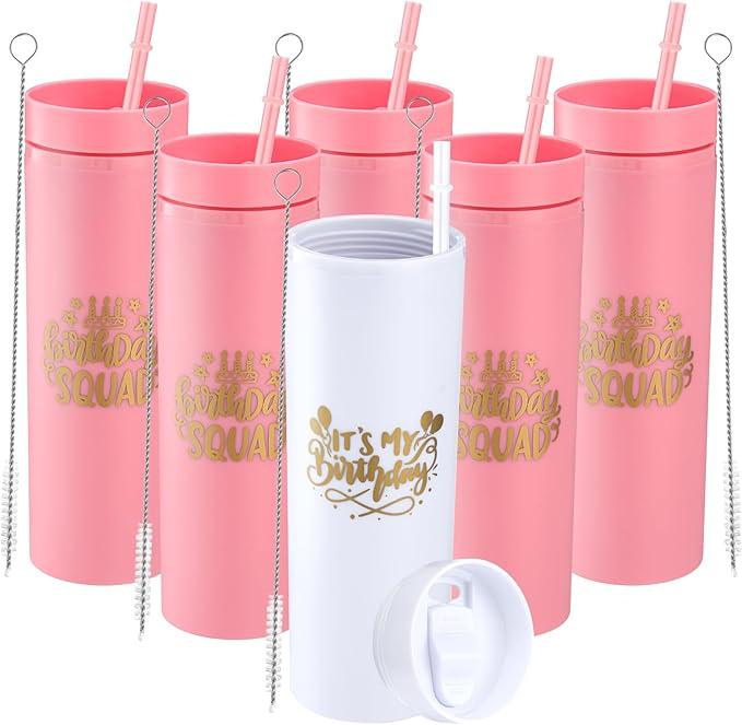 6 Pcs Birthday Party Tumblers 16 oz Birthday Squad Skinny Tumbler with Lid and Straw Double Wall Plastic Tumblers for 20th 30th 40th 50th 60th Birthday Party Favor for Women(Pink)