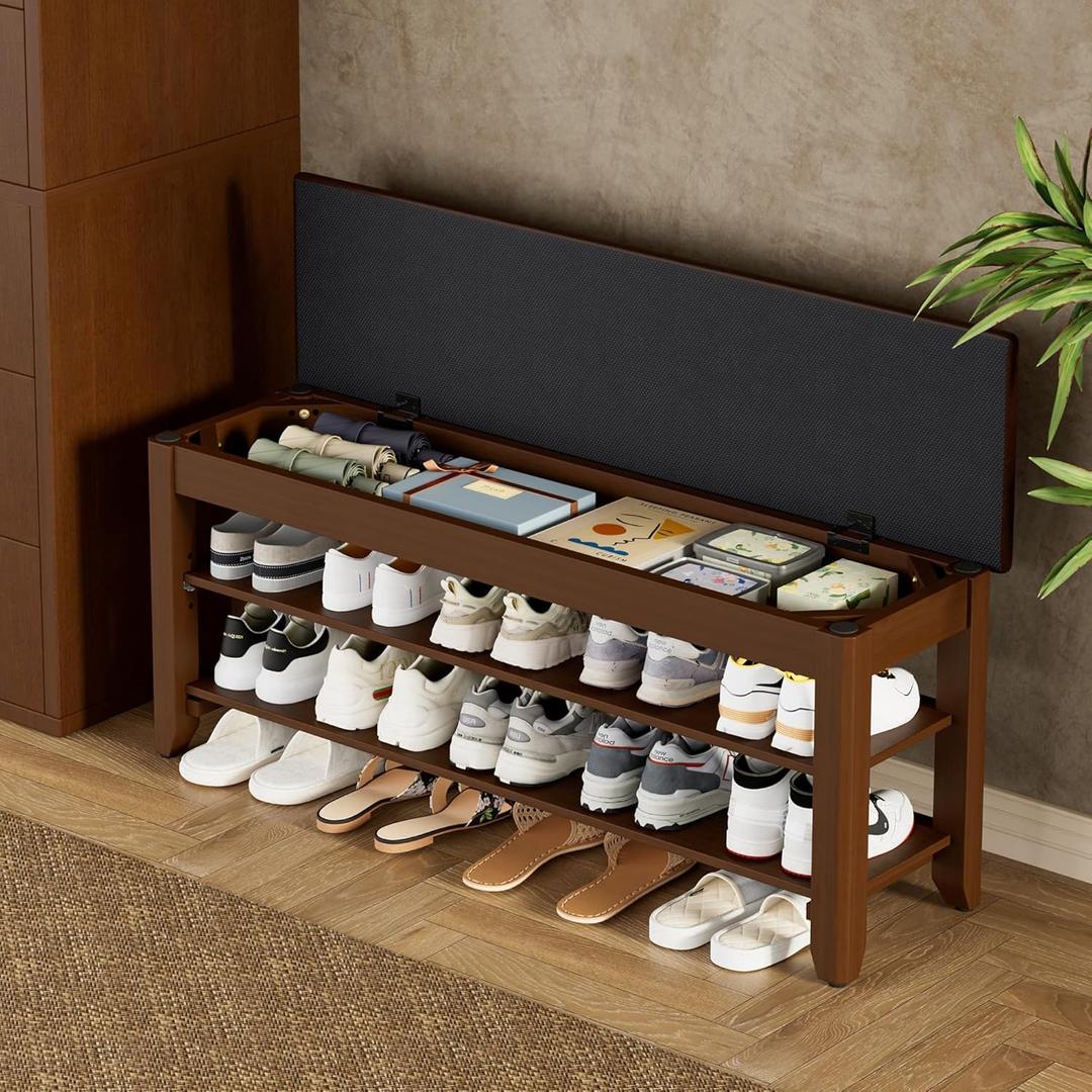 Homleke Shoe Rack Bench with Flip-Top Storage, Solid Wood Entryway Bench with Cushion, Adjustable Shelf, for Hallway, Mudroom, Closet Walnut, 39.4"