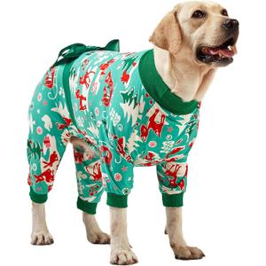 LovinPet Large Dog Christmas Pajamas for Dogs - Shirts for Big Dogs Xmas Holiday Costume Lightweight Pullover, Christmas Critters Aqua Prints Large Dog Pjs, Pitbull Dog Onesie, Pitbull Onesie, 2XL (Green)