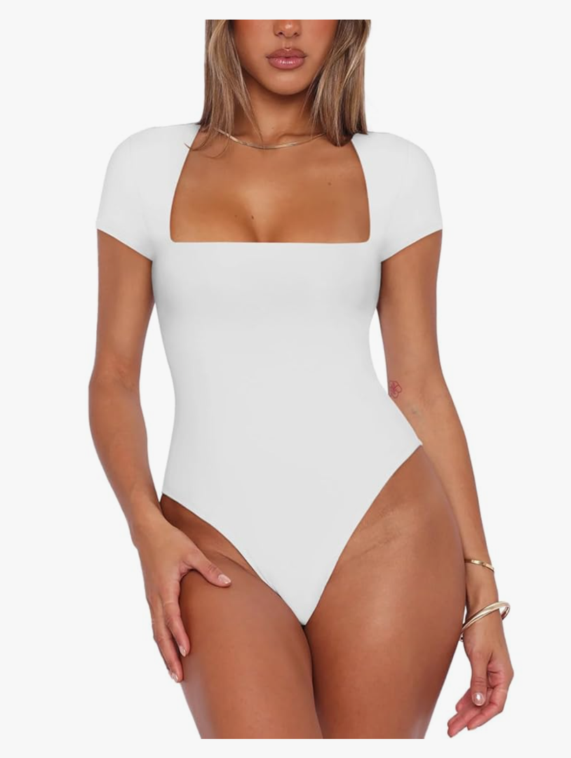 REORIA Womens Sexy Square Neck Double Lined Shirt Stretchy Basic Short Sleeve Going Out Thong Bodysuit Tops, Size L