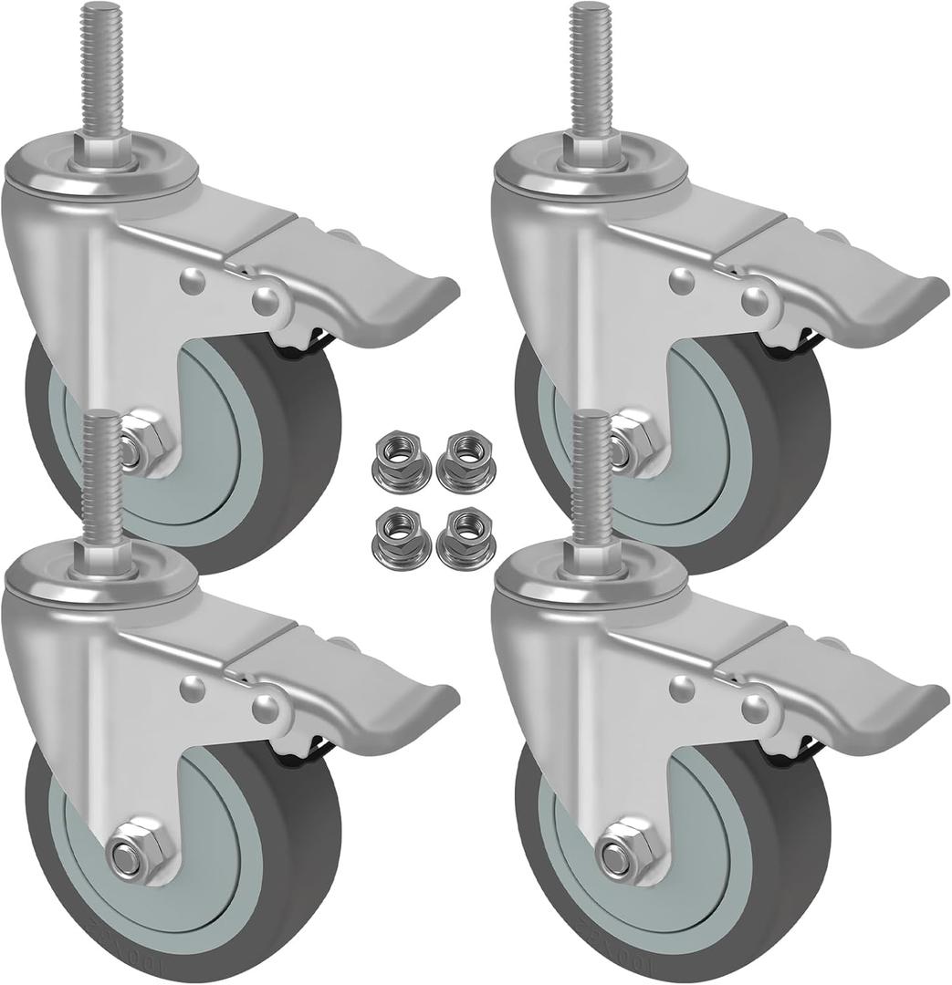 AAGUT 5 Inch Locking Swivel Casters 1/2"-13 x 1.5 Threaded Stem Wheels with Brake Grey TPR Rubber Wheel Set of 4