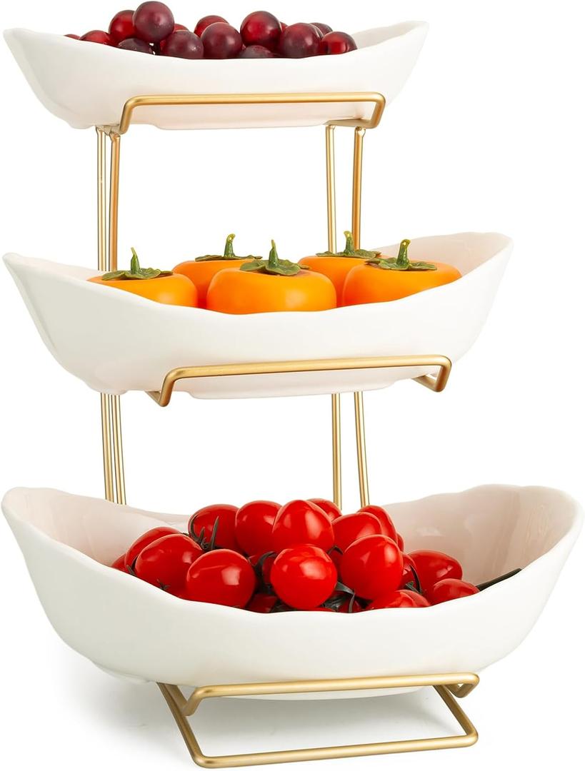 YYW 3 Tier Fruit Bowl for Kitchen Counter, White Gold Ceramic Fruit Stand for Countertop, Home Fruit Rack with Holder, Vegetable Bowl Snacks Nuts Bread Candy Storage (White)