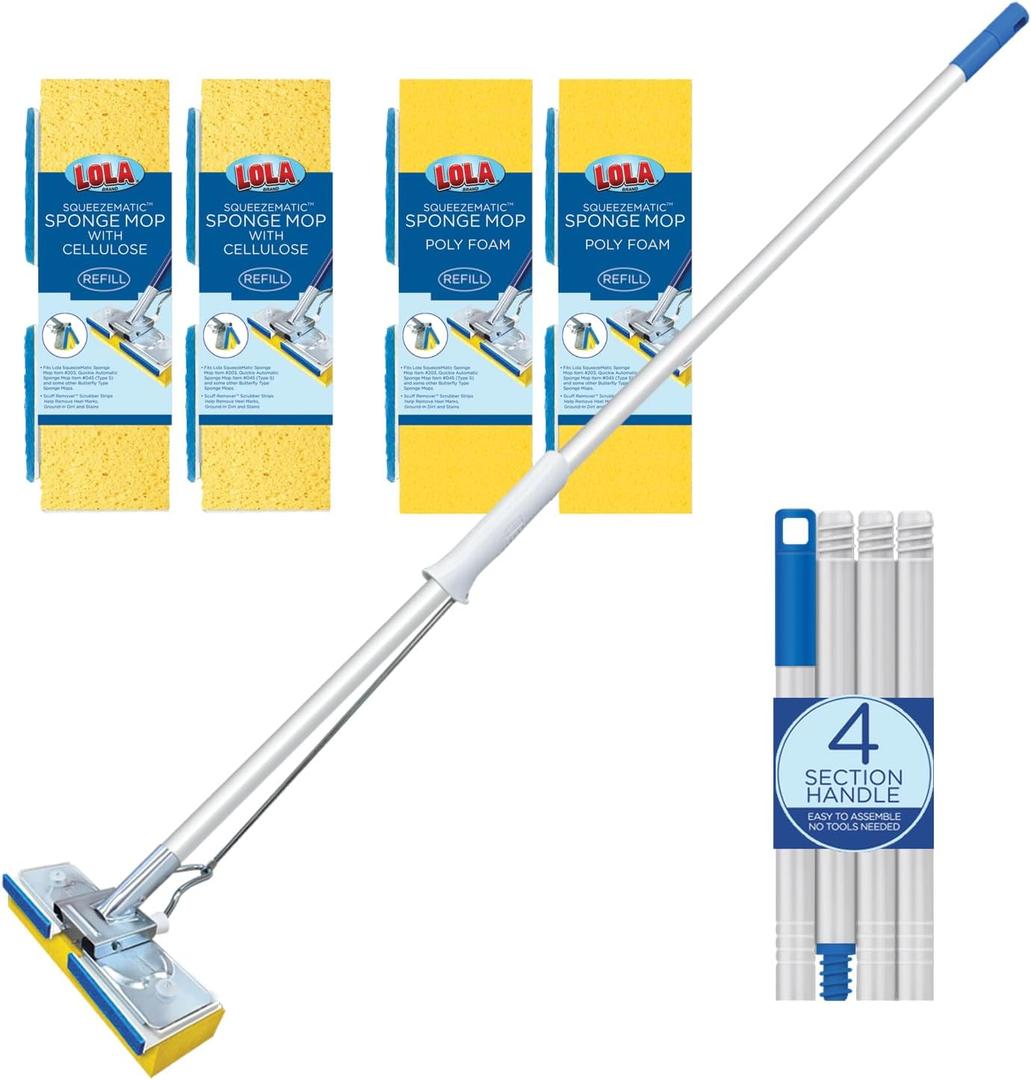 LOLA Squeezematic Butterfly Automatic Sponge Mop, 4 Mop Heads - 2 Foam w/ Cellulose Layer & 2 All Foam, 9" Head w/ Scuff Remover