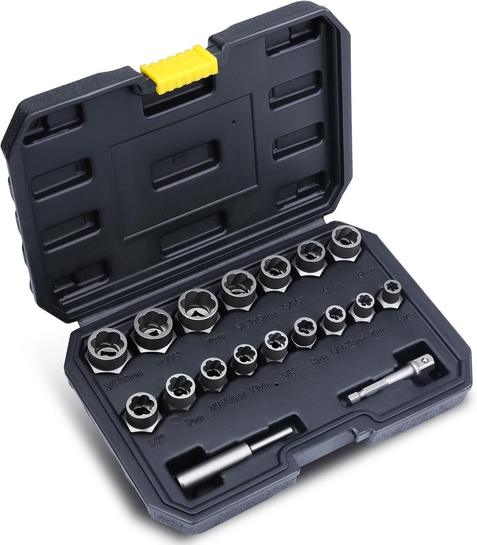 Impact Bolt & Nut Remover Set, 18 Pieces Bolt Extractor Tool Set, Stripped Lug Nut Remover, Extraction Socket Set for Removing, Frozen, Rusted, Rounded-Off Bolts, Nuts & Screws