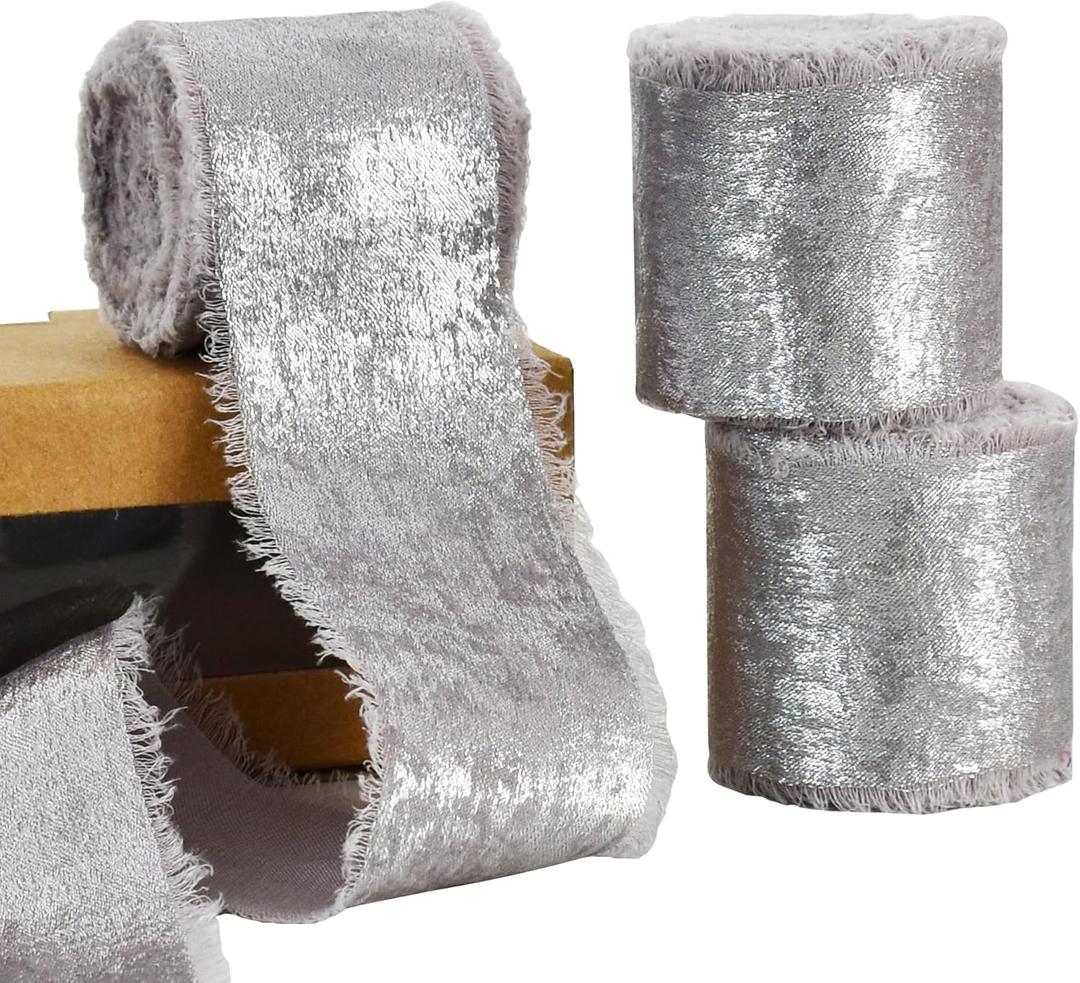 3 Rolls Silver Glitter Chiffon Ribbon, 1.5 Inch 15 Yards Silver Silk Frayed Ribbon for Flower Bouquet, Gift Wrapping, Wedding, Birthday Party Decor