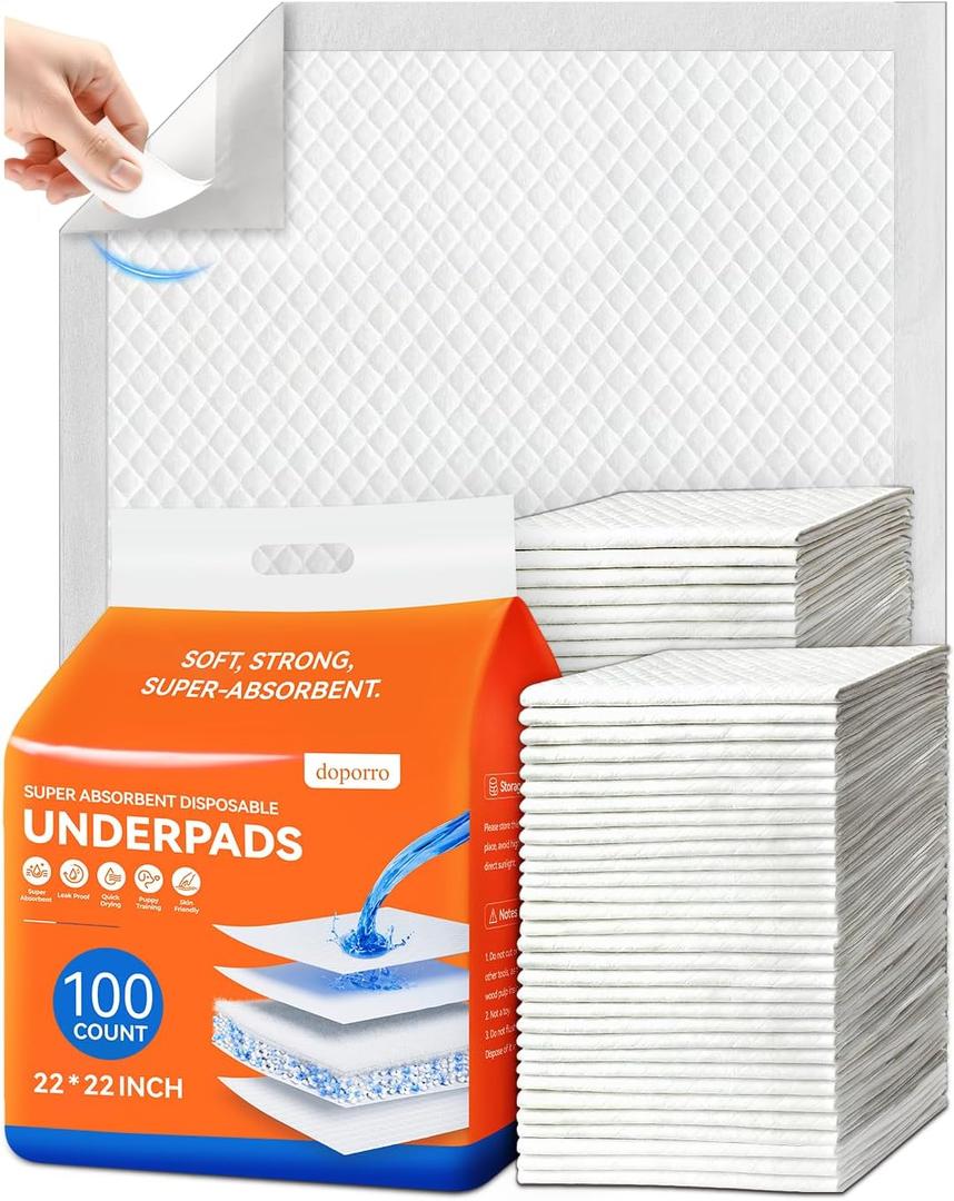 Disposable Puppy Pads 100 Count, 22"x22" Pee Pads for Dogs Potty Training, 6-Layer Super Absorbent & Leak Proof, Odor Block Pet Pads with Anti-Slip Adhesive Strips, White