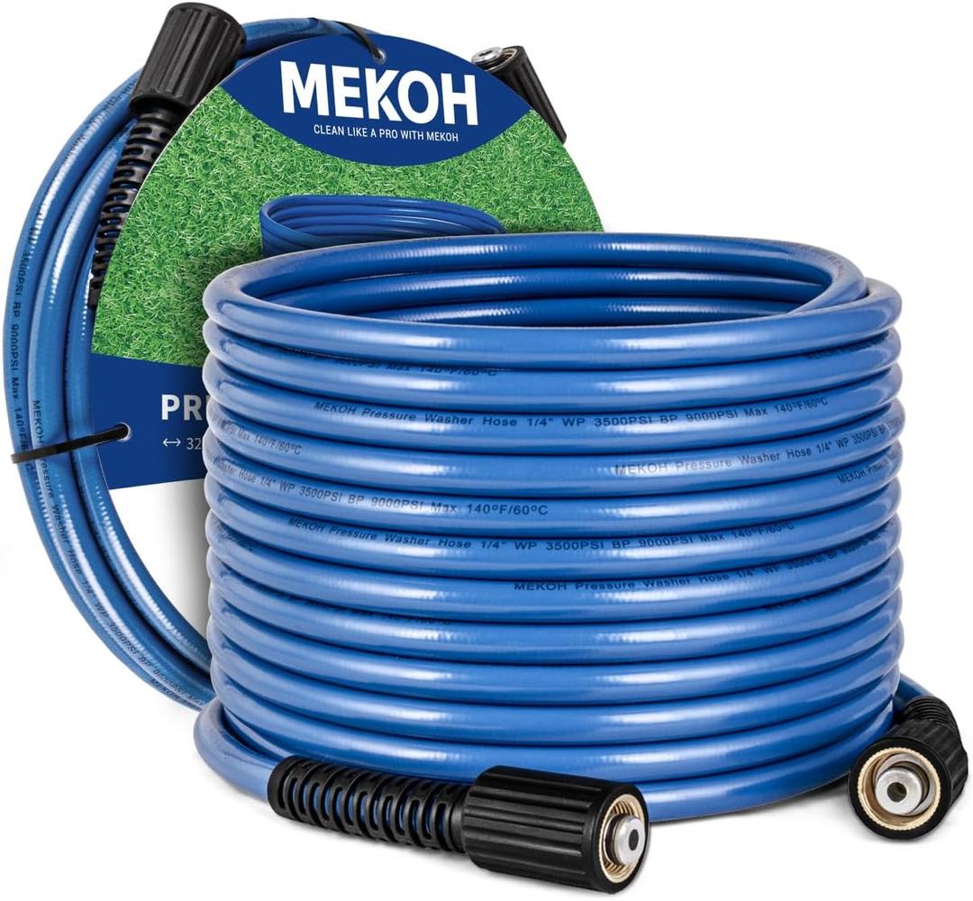 MEKOH 32ft Kink Resistant Pressure Washer Hose, 3400PSI 1/4" Power Washer Hose, M22-14mm Brass Fitting, High Pressure Replacement Hose for Electric, Hose Extension for Car Wash, Patio & Garden Clean