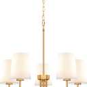 Farmhouse Chandelier, 5-Light Gold Chandelier with White Fabric Shade, Height Adjustable Modern Dining Room Light Fixture with E26 Base for Bedroom Foyer Hallway Entryway Kitchen Living Room