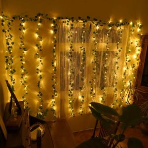 Led Ivy Vine Lights 12 Pack 9.4 FT * 6.2 FT Artificial Ivy with 240 Curtain Lights 8 Modes Room Vines for Bedroom Wall Weddings Party Christmas Garden Festival Decor (240LED-Clear Wire Plug-in)