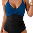 B2prity Women's One Piece Swimsuits Tummy Control Front Cross Bathing Suits Tie Back Slimming V Neck Swimwear (Dark Blue and Black), Large