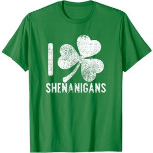 Funny I love Shenanigans Shirt Vintage Distressed Shamrock T-Shirt (Green, L)