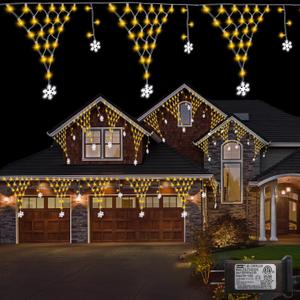 DBFAIRY Christmas Net Lights - 207 LED, 13.1Ft x1.9Ft with 12 Snowflake Drop, Waterproof, 8 Modes, Timer, Dimmable for Porch, Window, Railing (Warm White Snowflake Lights)