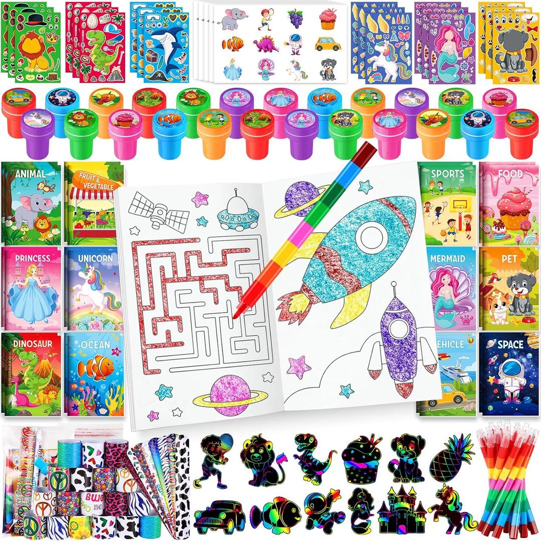 BenLouis 192Pcs Kids Party Favors Mini Coloring Books Crayon Slap Bracelets Stickers Set Bulk for Kids 4-8-12 Classroom Birthday Gifts Goodie Bags Pinata Stuffers School Rewards Crafts Supplies