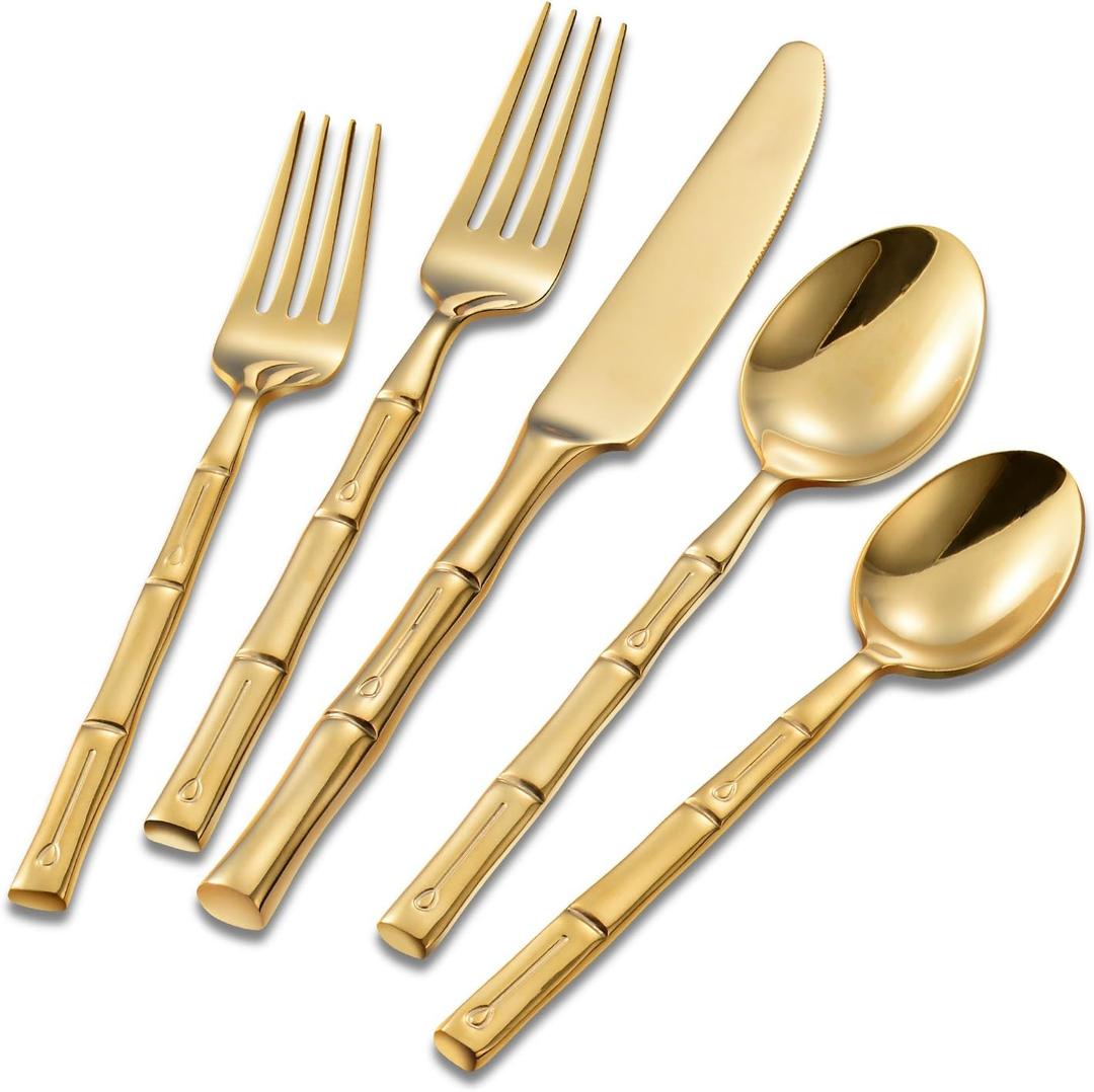 Flatasy Flatware Set Stainless Steel Gold Silverware Set Cutlery Set Bamboo Pattern Mirror Finished 30 Pieces Home Event Use Wedding Housewarming Gift Service for 6