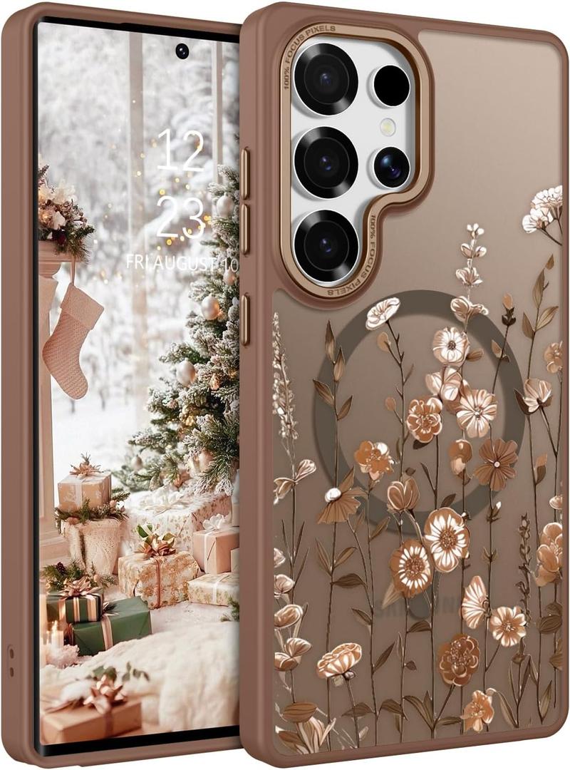 DOMAVER for Samsung Galaxy S25 Ultra Case, Magnetic Phone Case for Samsung S25 Ultra [Compatible with MagSafe] Slim Fit Flowers Floral Design Shockproof Protective Bumper Women Girls Cover- Brown