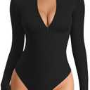 MANGOPOP Long Sleeve Body Suit Mock Turtle Neck Zip Up Bodysuit for Women Ribbed Deep V Sexy Bodysuit Shirts S
